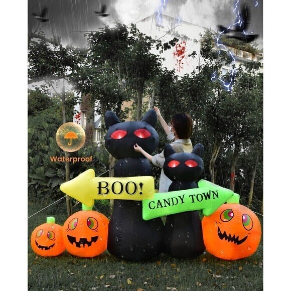 New 8 FT Halloween Inflatables Light Up Black Cat Pumpkins - Picture 2 of 3